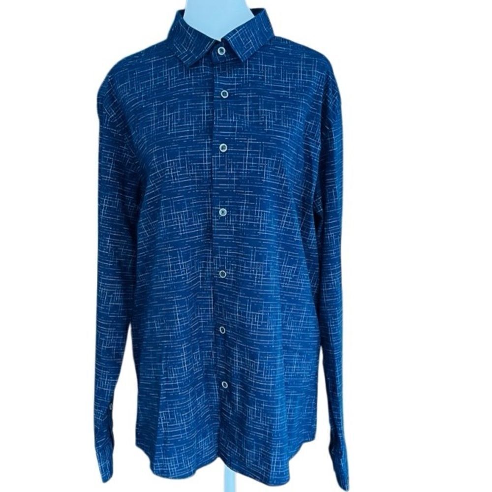 Ike Behar Long Sleeve Button Front cotton/ spandex Sport Shirt blue Size Large